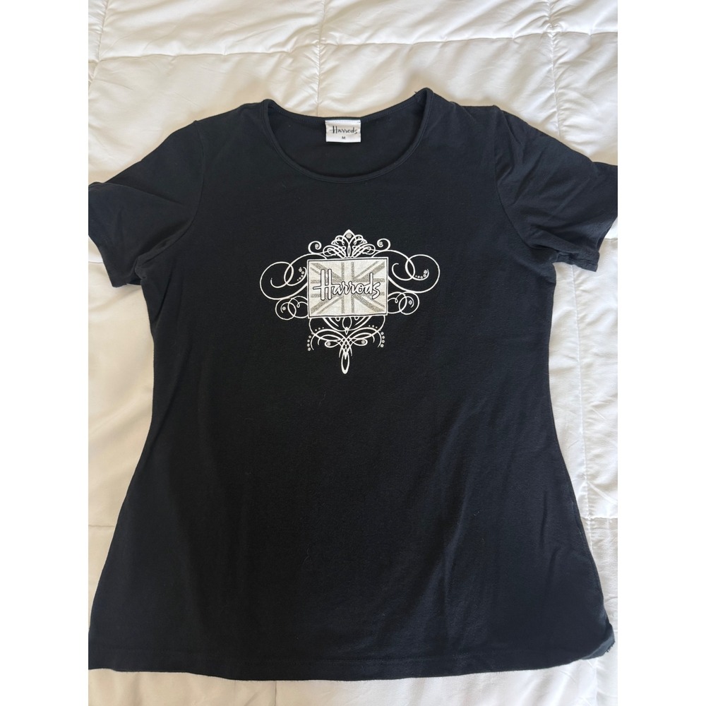 Harrods T-Shirt Women Medium Black Excellent Glitter Union Jack Logo London